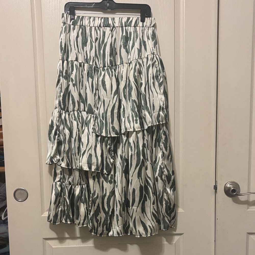 Cupio Green and Cream Tiered Zebra-Print Silky Rayon Maxi Skirt
